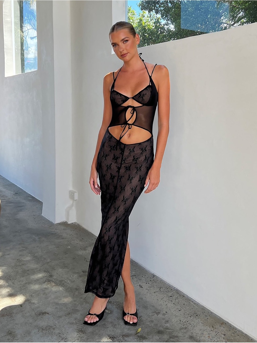 Tiger mist Shania Dress Sheer Black Cutout Lace Maxi Slip Dress